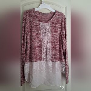 Valerie Stevens Two-Tone Sweater with Floral Lace & Short Fringe Sz M Boho Lace